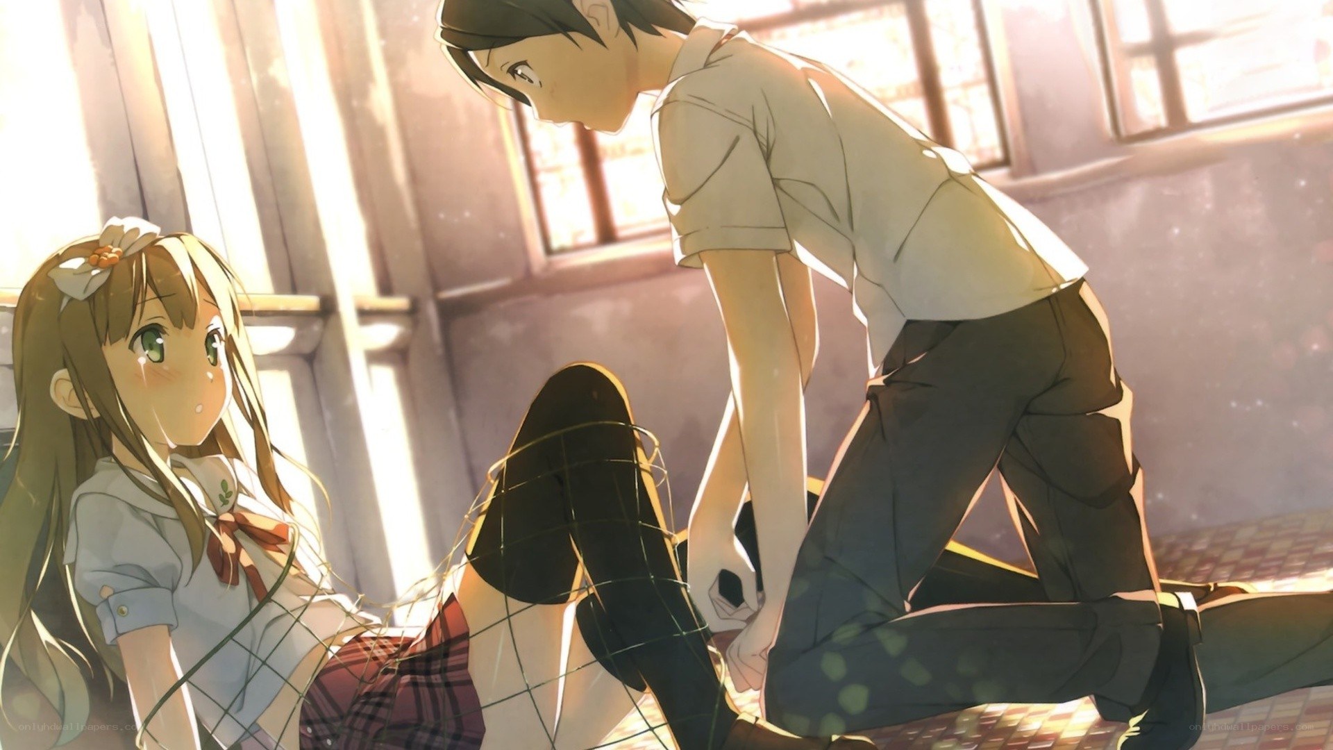 Anime couple in classroom