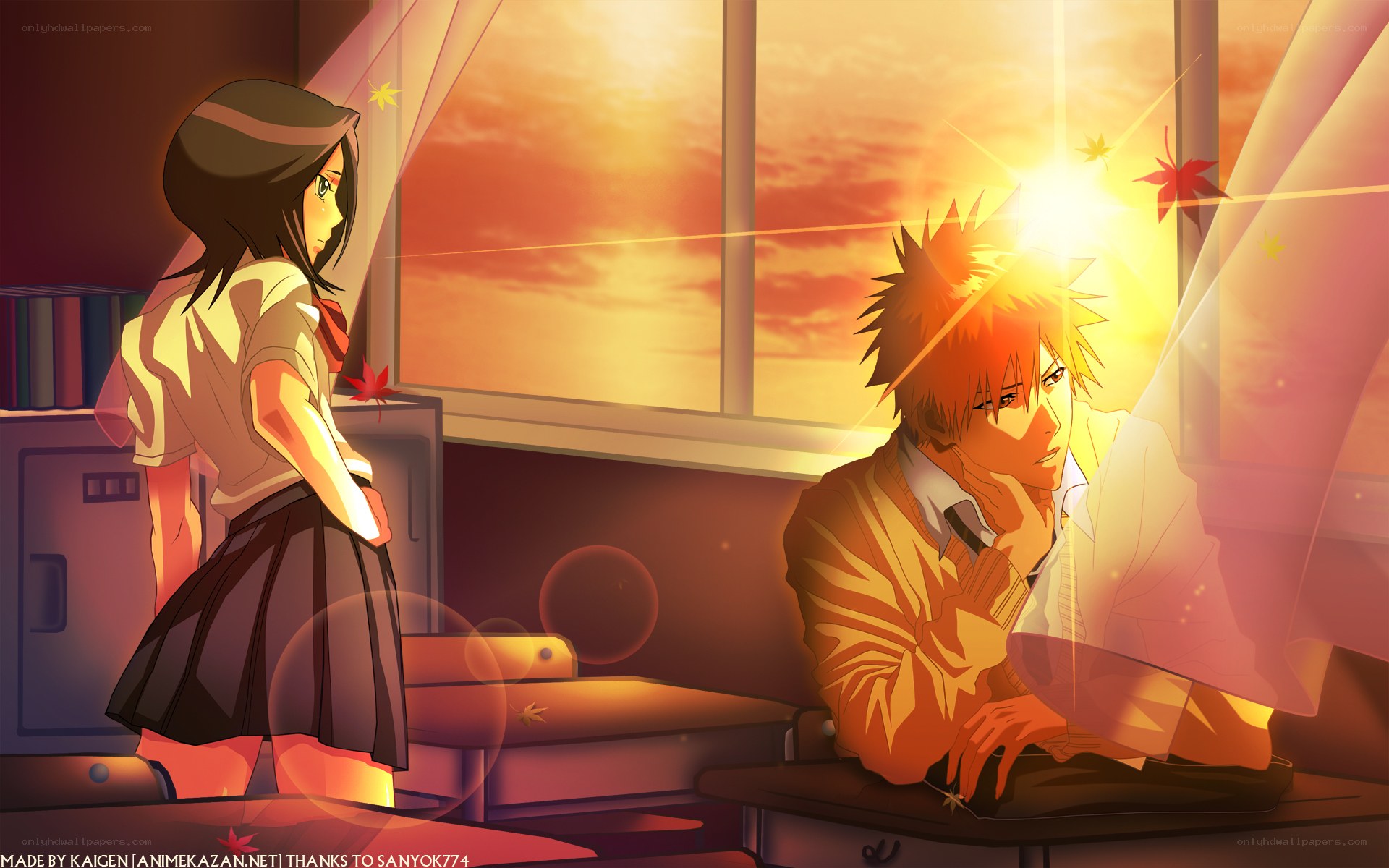 Anime couple in classroom at sunset