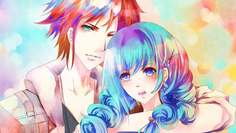 anime couple in colorful embrace