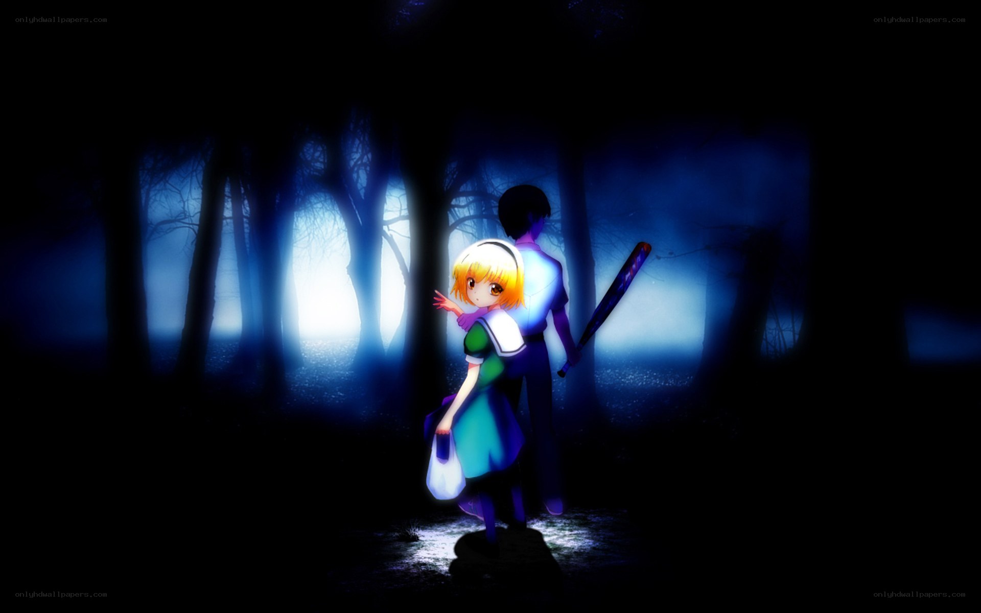 Anime couple in dark forest