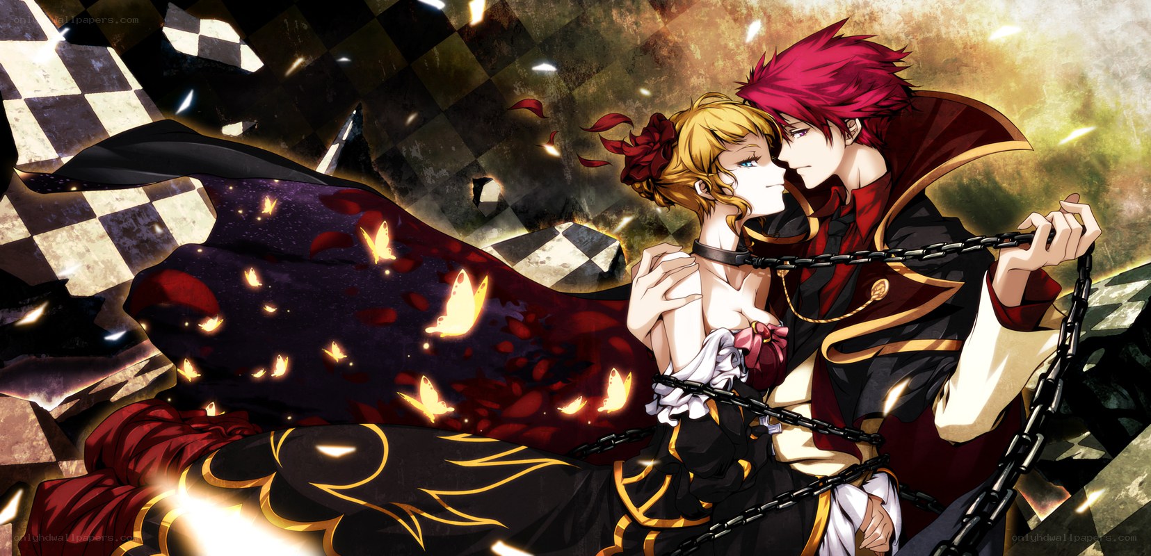 Anime couple in dramatic embrace