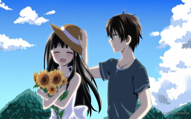 Anime Couple in Field — Blue, Serene, Afternoon