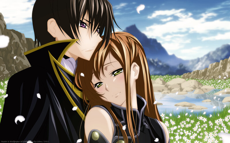 Anime Couple in Field — Green, Serene, Afternoon, Mountains
