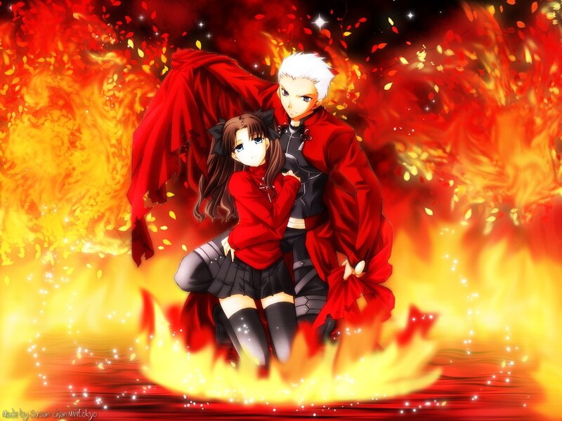 Anime Couple in Fire — Red