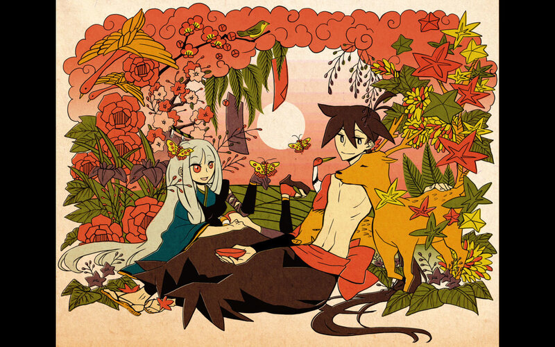 anime couple in floral garden