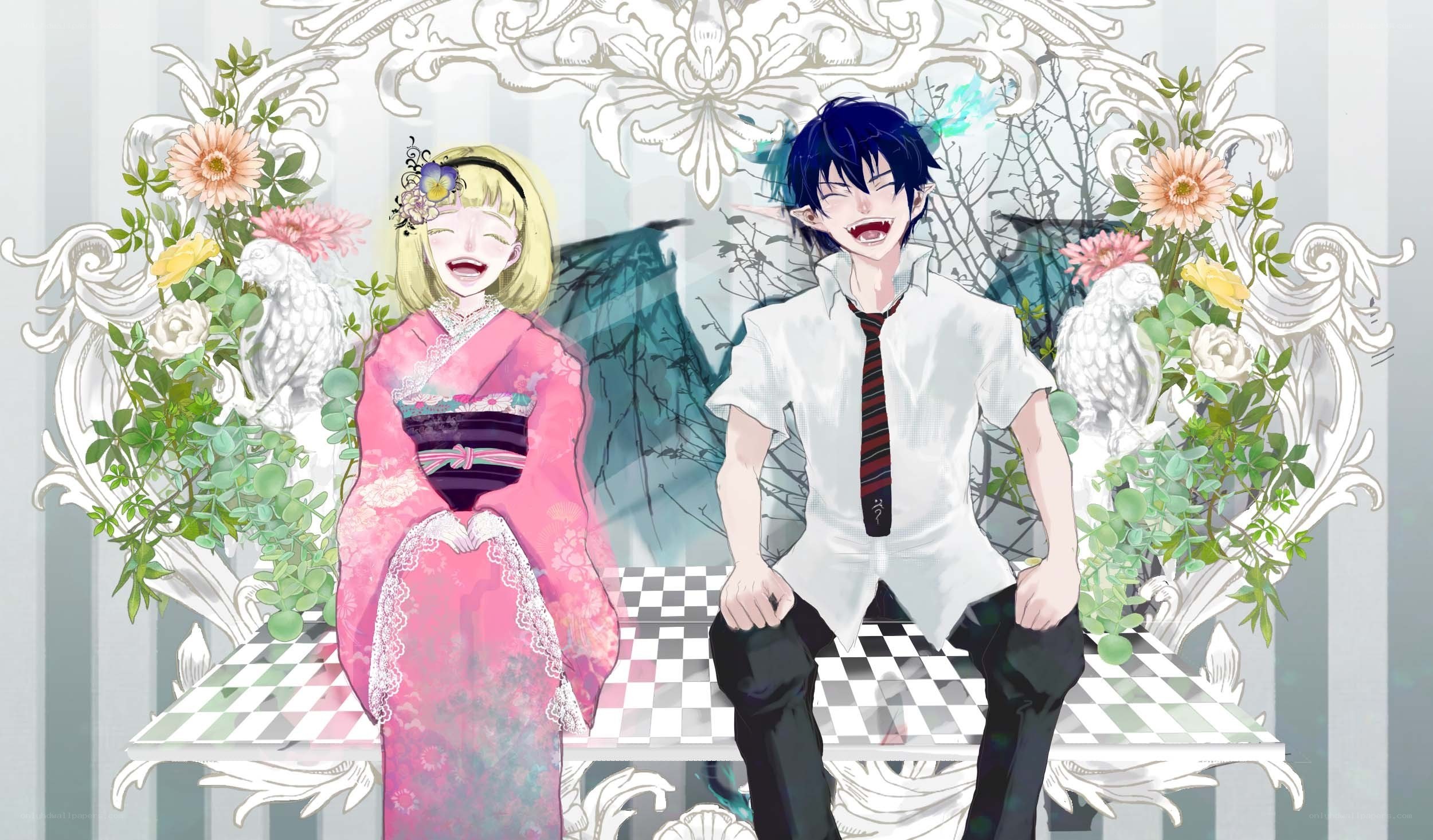 anime couple in floral setting