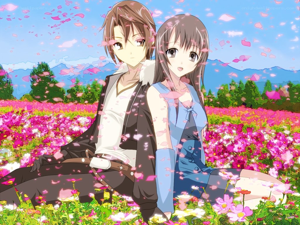anime couple in flower field