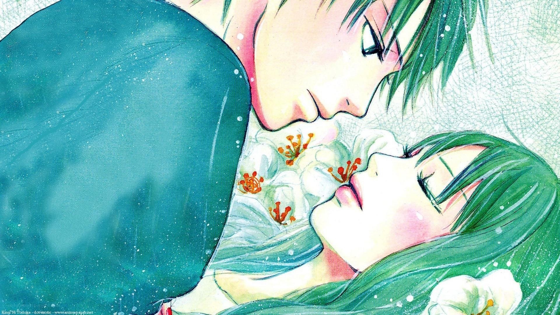 anime couple in flowers