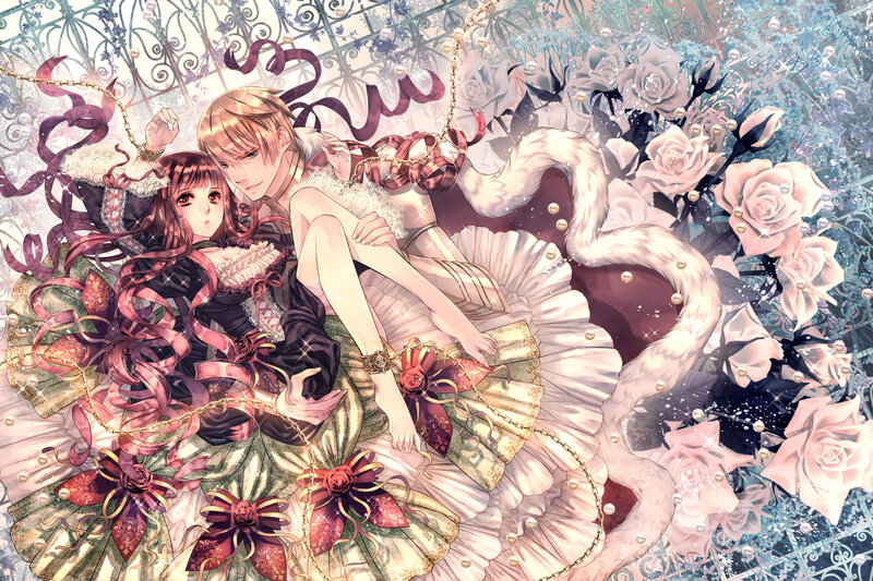Anime Couple in Flowers — Pink