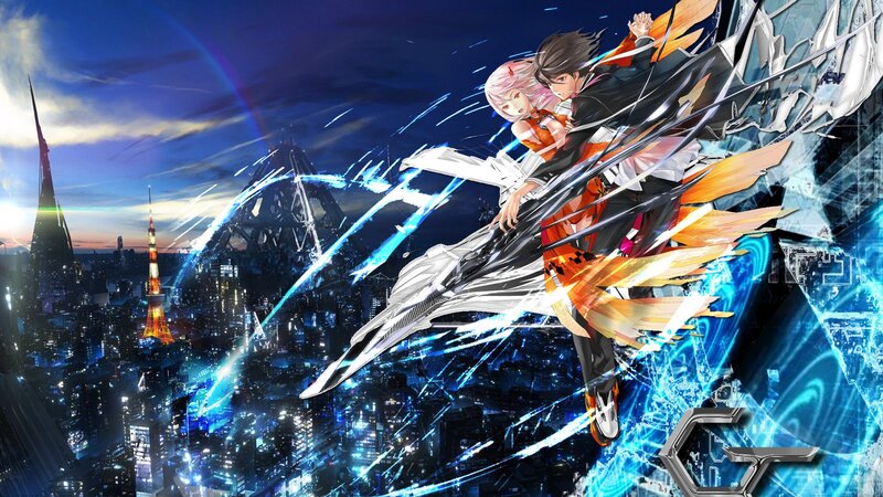 anime couple in futuristic city
