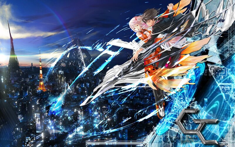 anime couple in futuristic city