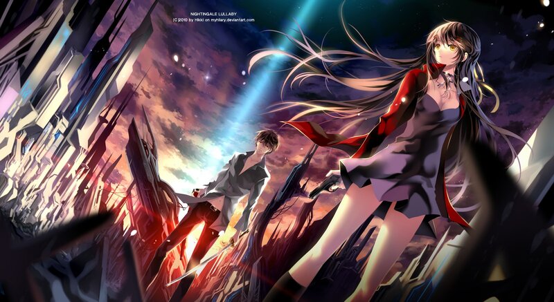 anime couple in futuristic city