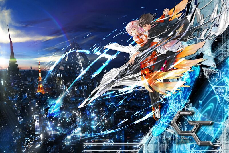 Anime couple in futuristic city