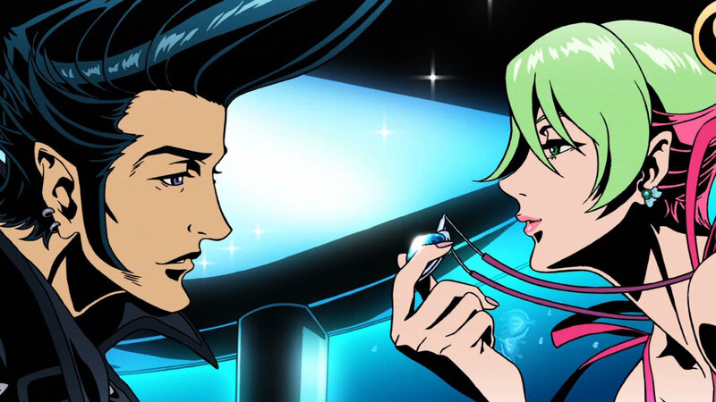 anime couple in futuristic setting