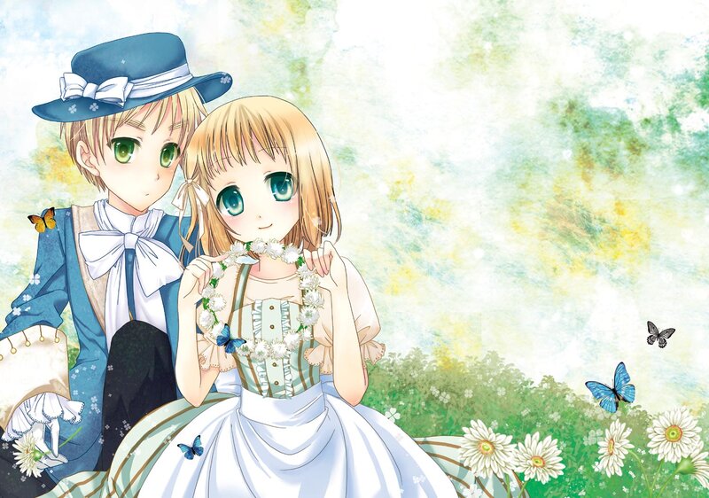 Anime Couple in Garden — Blue, Serene, Spring