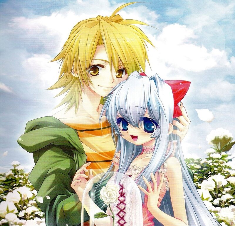 Anime Couple in Garden — Blue, Serene