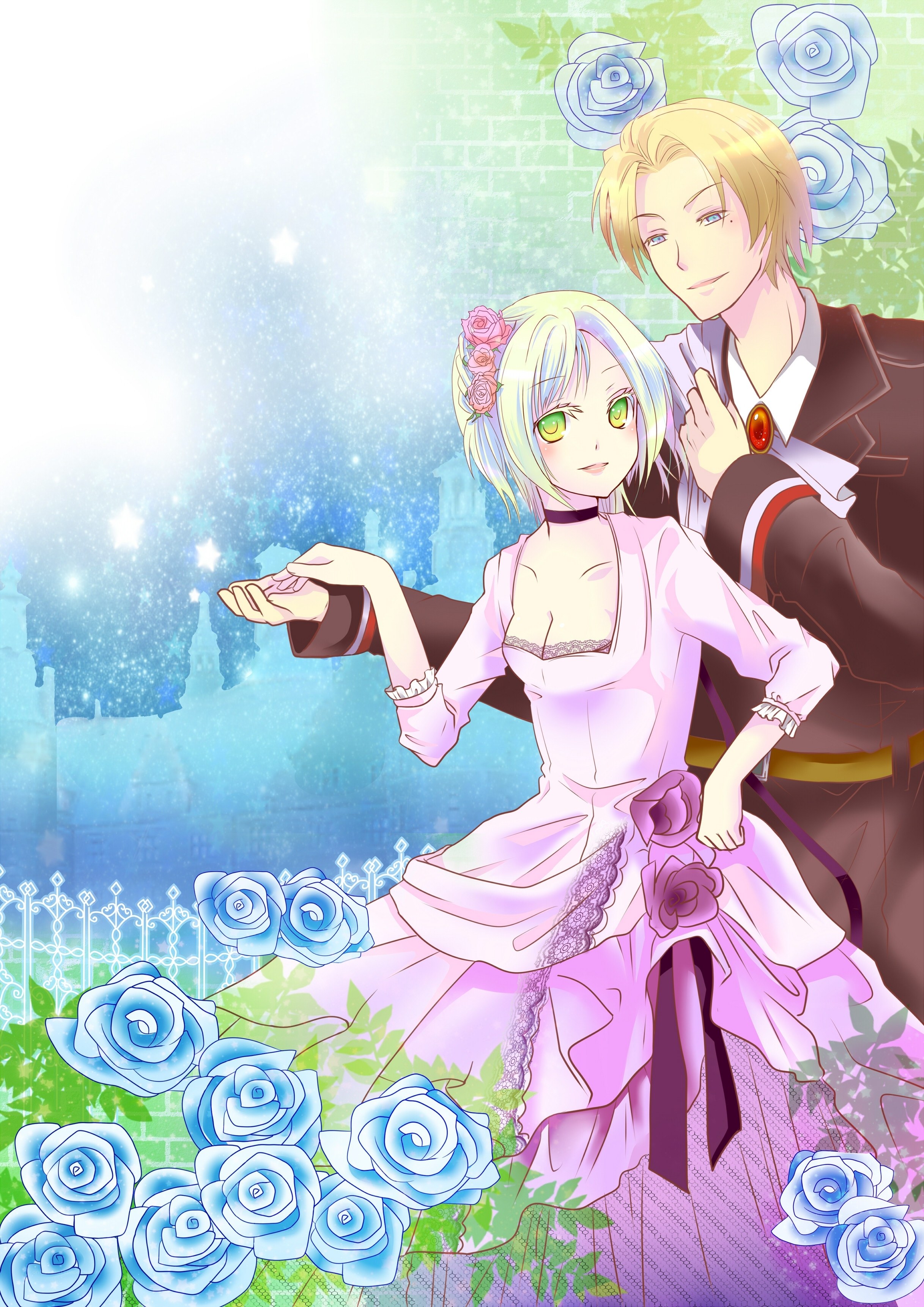 anime couple in garden