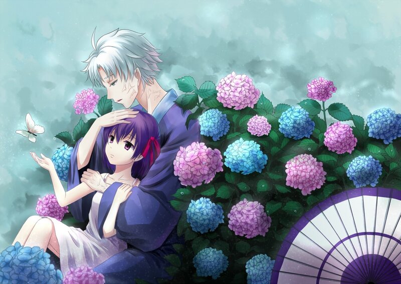 Anime couple in hydrangea garden
