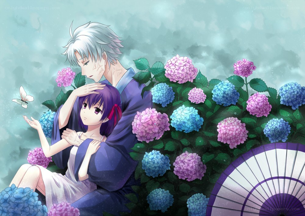 Anime couple in hydrangea garden