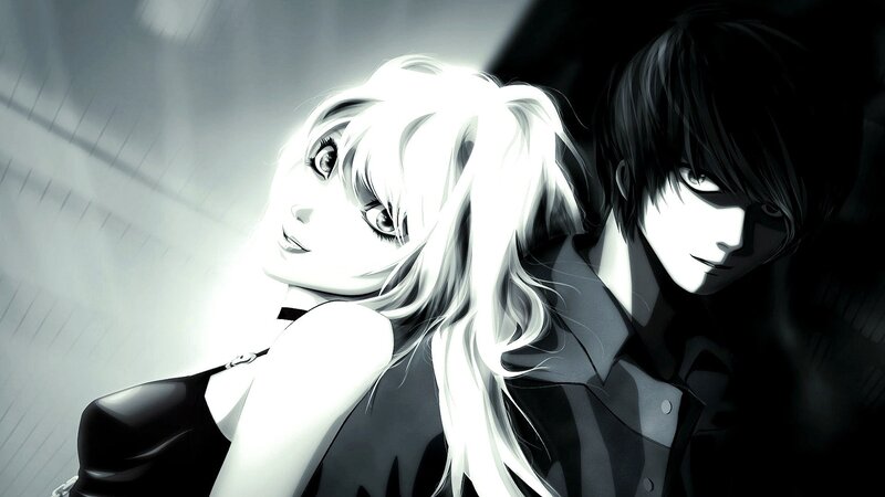 anime couple in monochrome