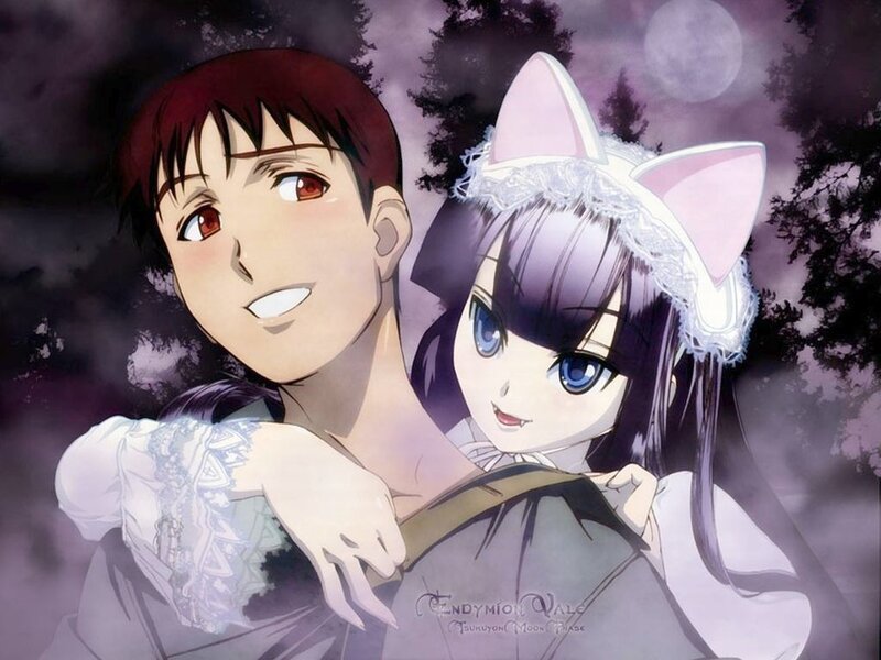 anime couple in moonlit forest