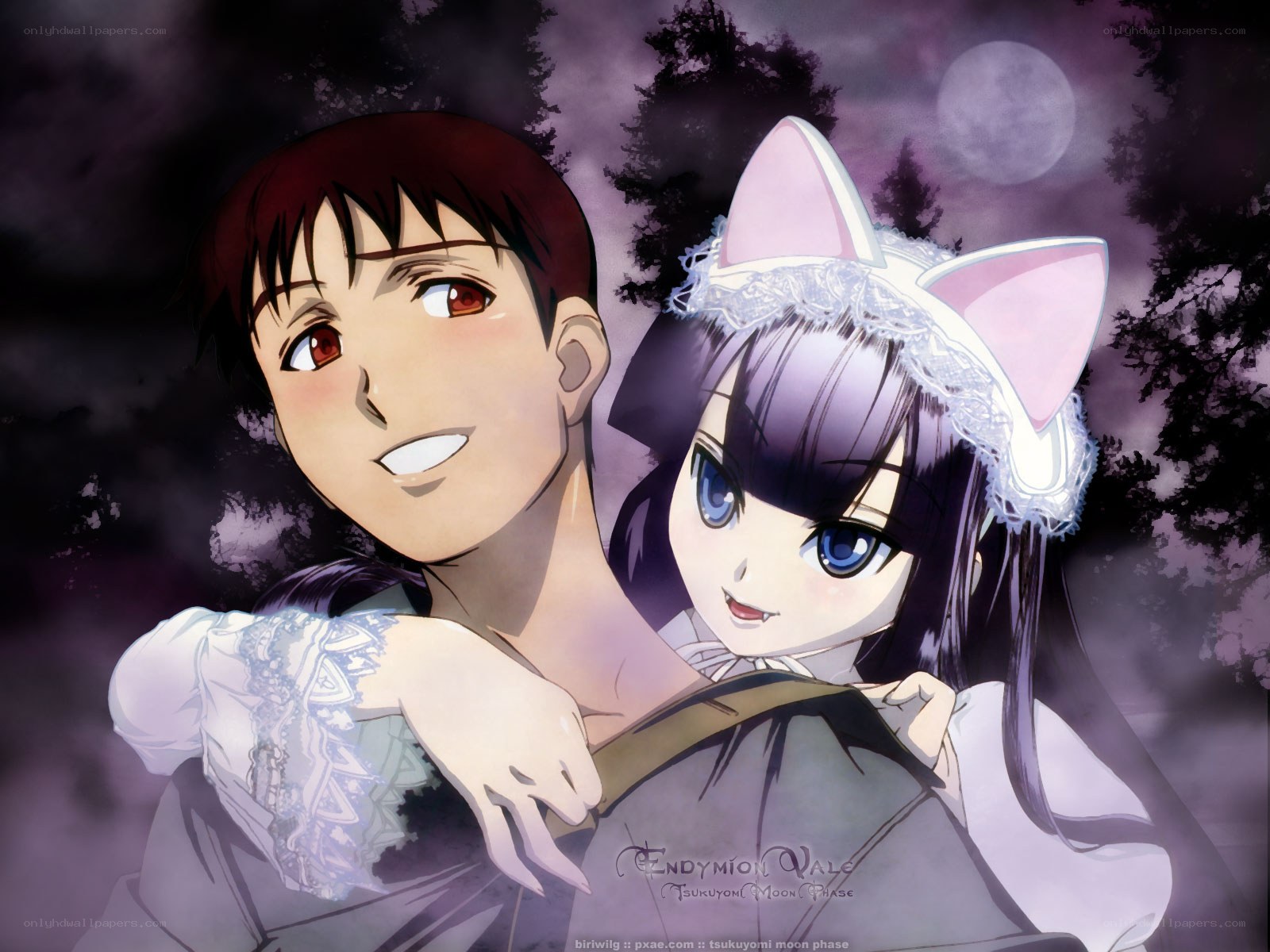 Anime couple in moonlit forest