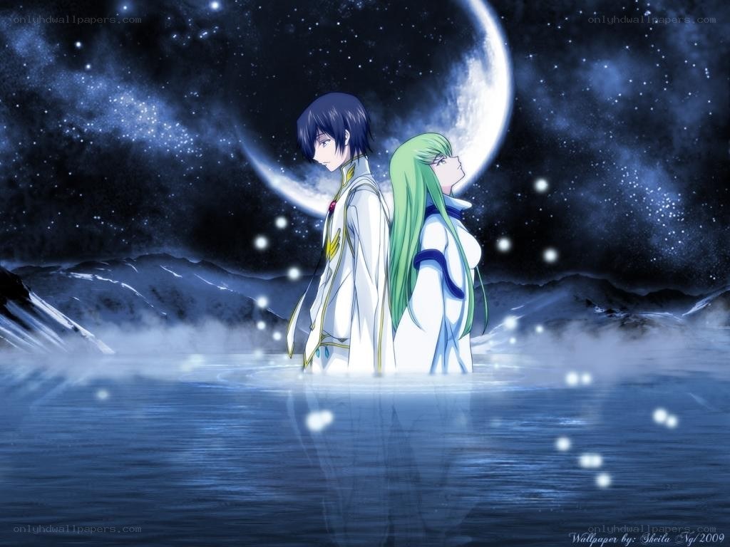 Anime couple in moonlit water