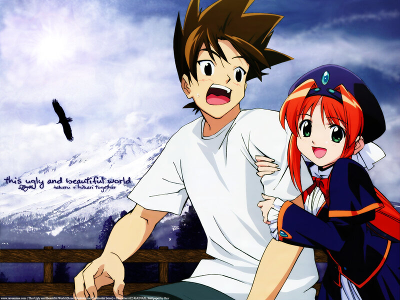 anime couple in mountain landscape