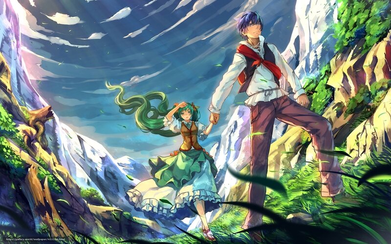 Anime couple in mountain valley