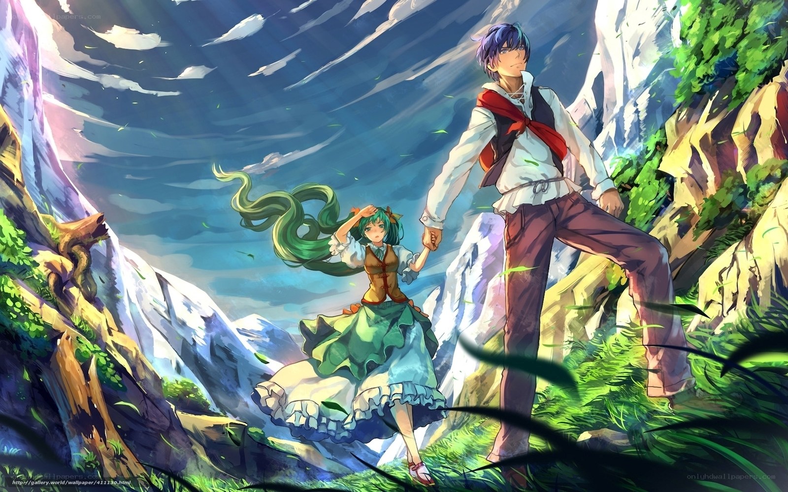 Anime couple in mountain valley