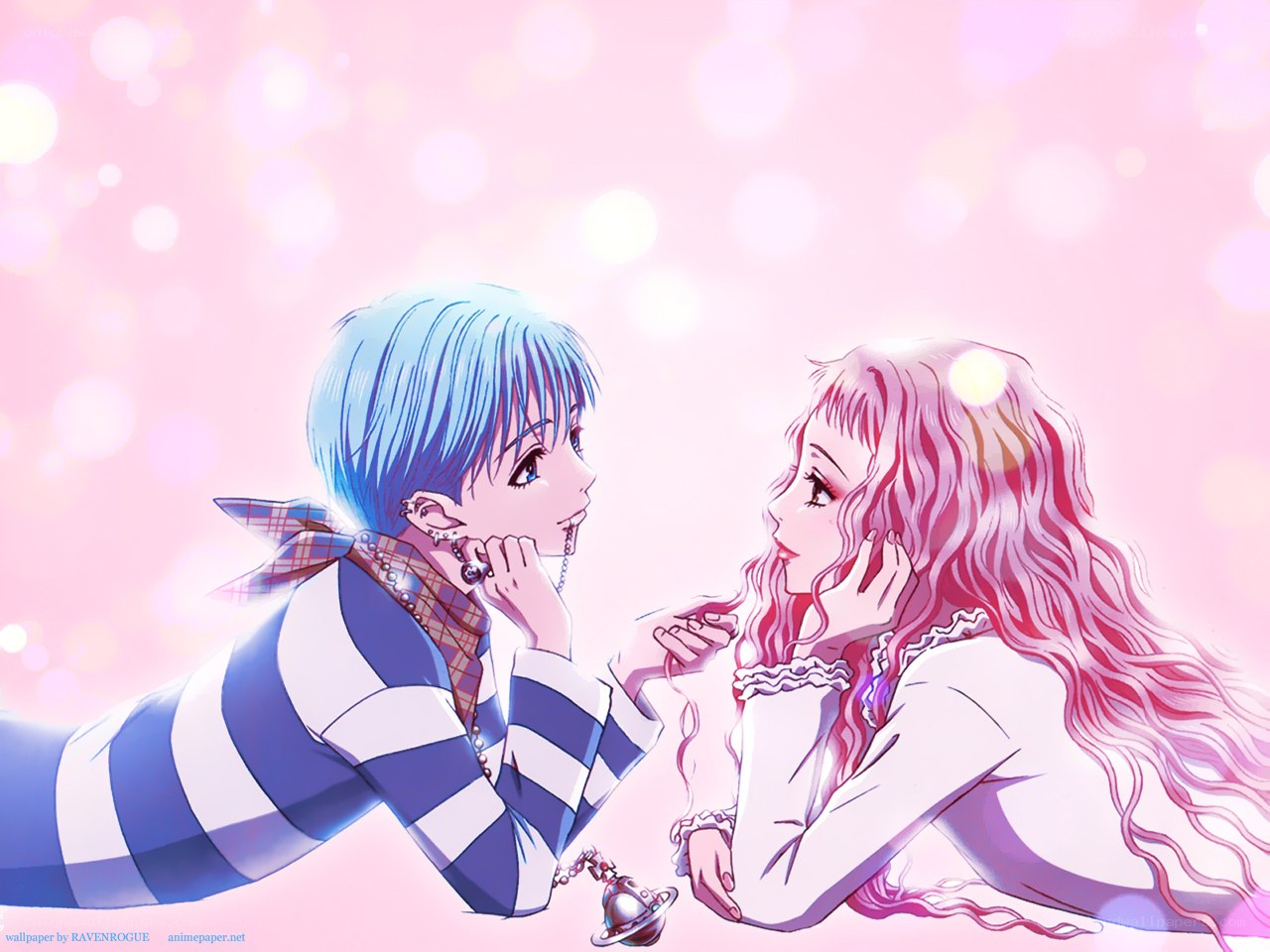 anime couple in pink light