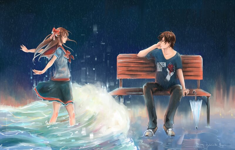 Anime Couple in Rain — Blue, Dramatic, Night, Digital Art, Bench
