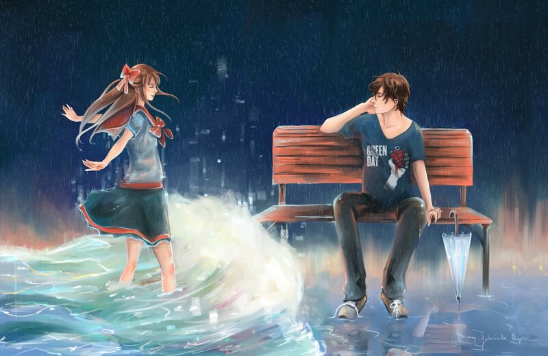 Anime Couple in Rain — Blue, Dramatic, Night, Digital Art