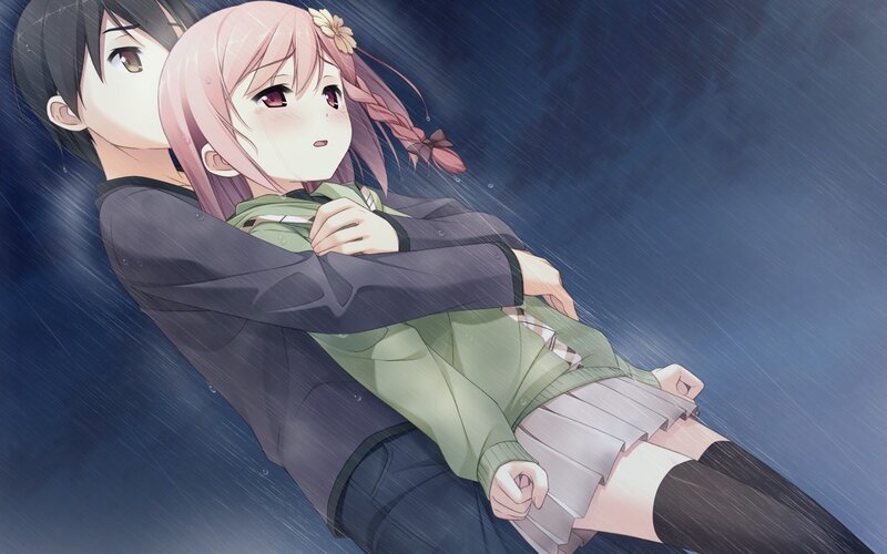 Anime Couple in Rain — Blue, Dramatic, Night, Hug, School Uniform, Pink