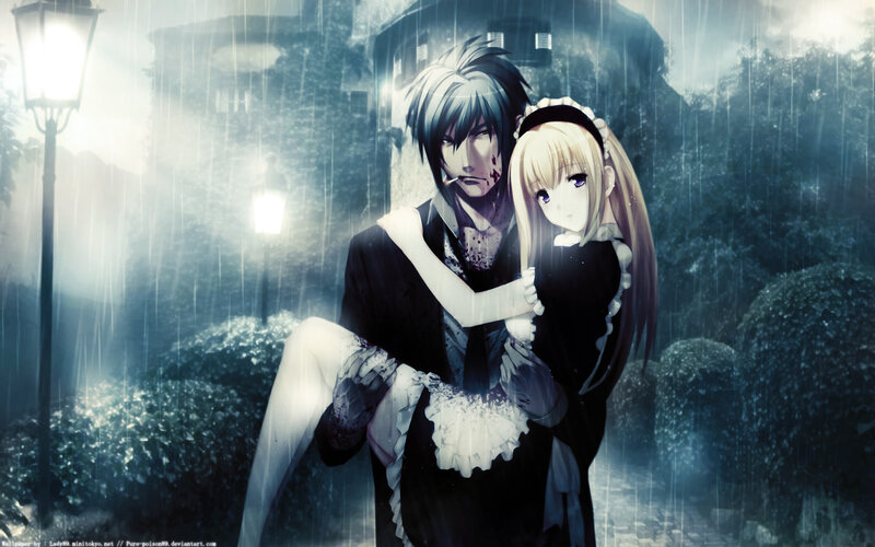 Anime Couple in Rain — Blue, Dramatic, Night