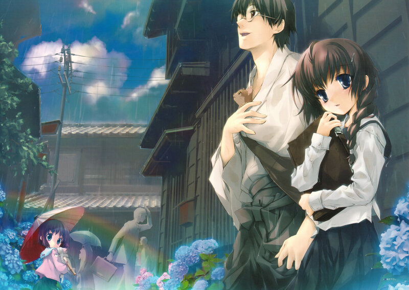 Anime Couple in Rain — Blue, Serene, Spring