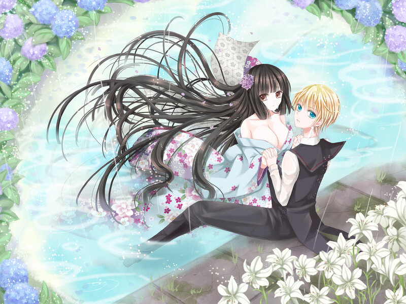 Anime Couple in Rain — Blue, Serene