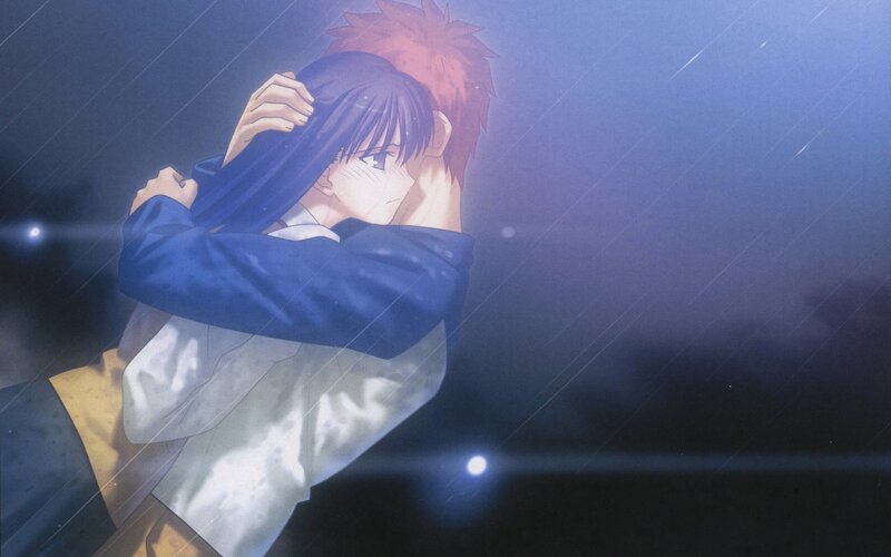 anime couple in rain embrace