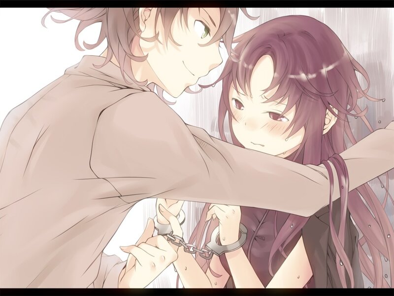 Anime couple in rain with handcuffs