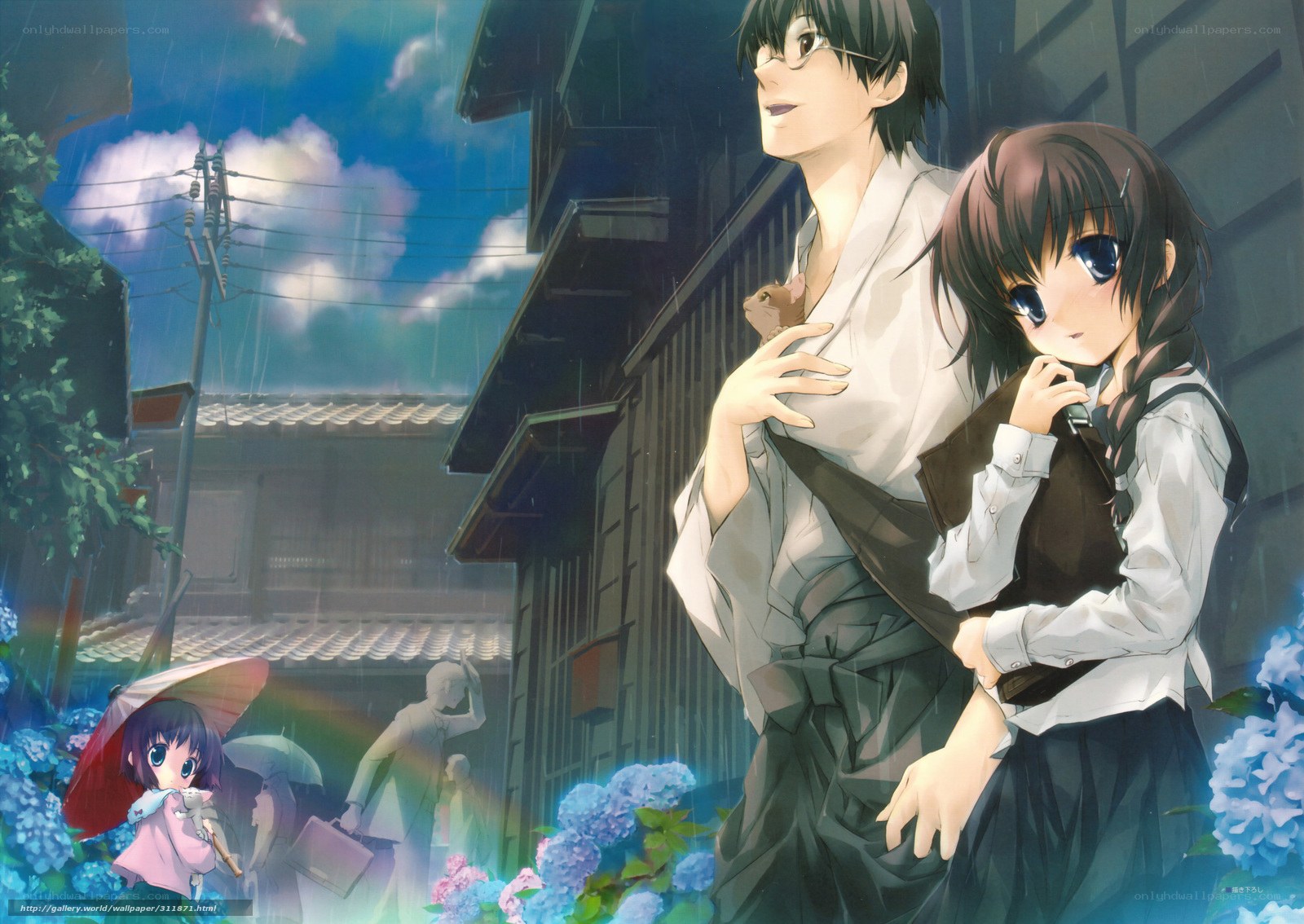 Anime couple in rainy street