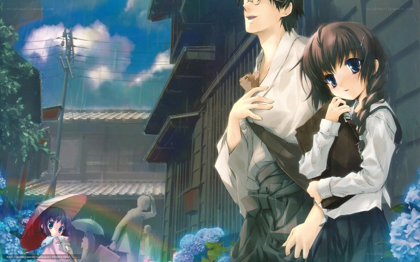 Anime couple in rainy town