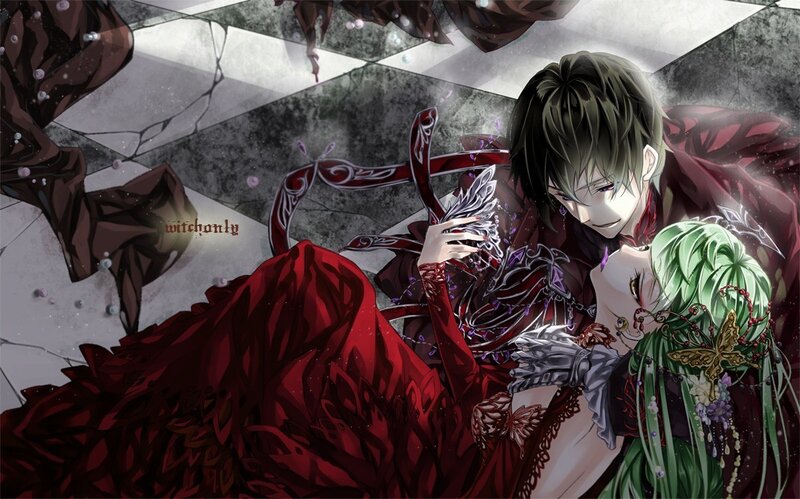 anime couple in red and green