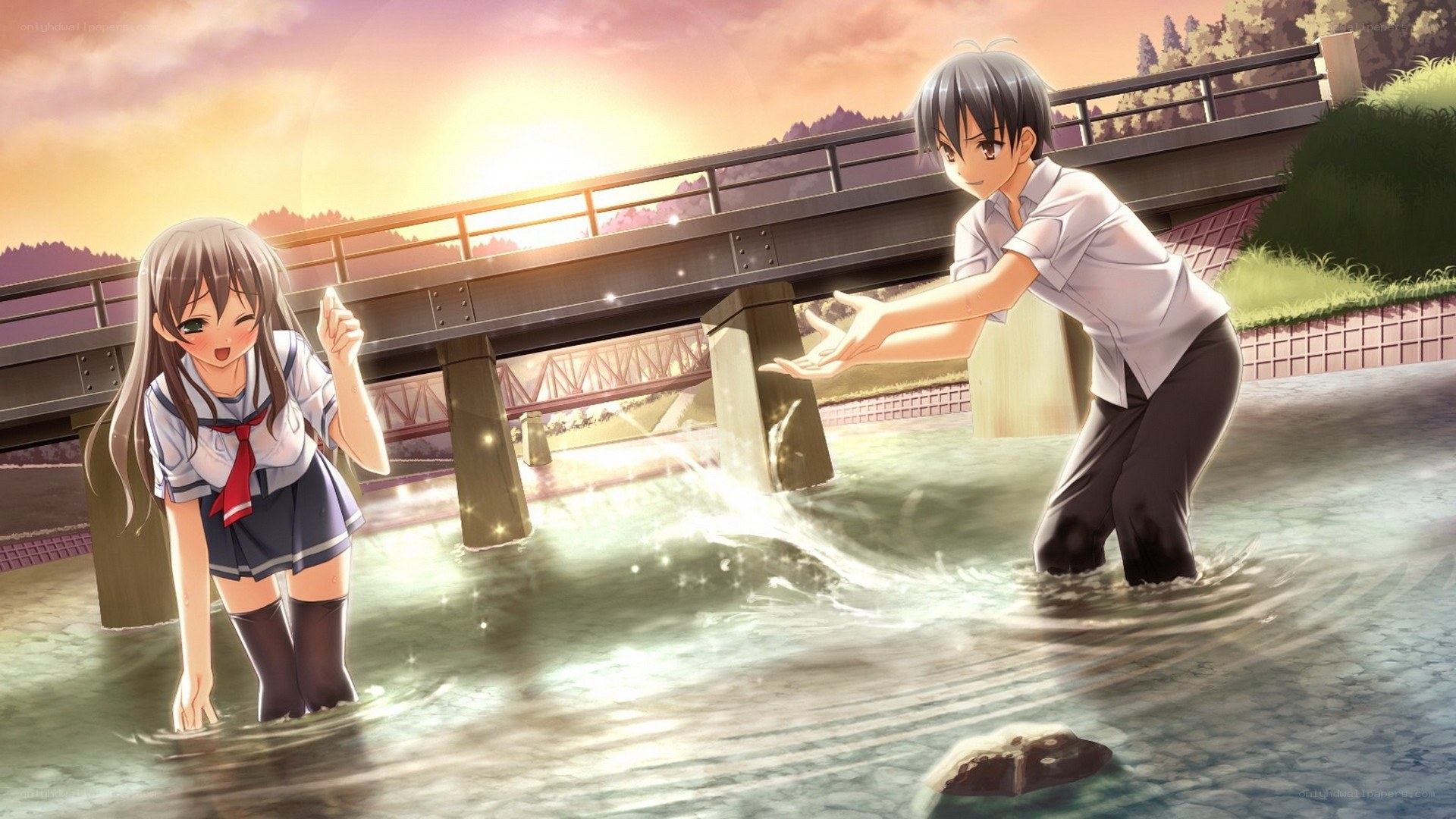 anime couple in river at sunset