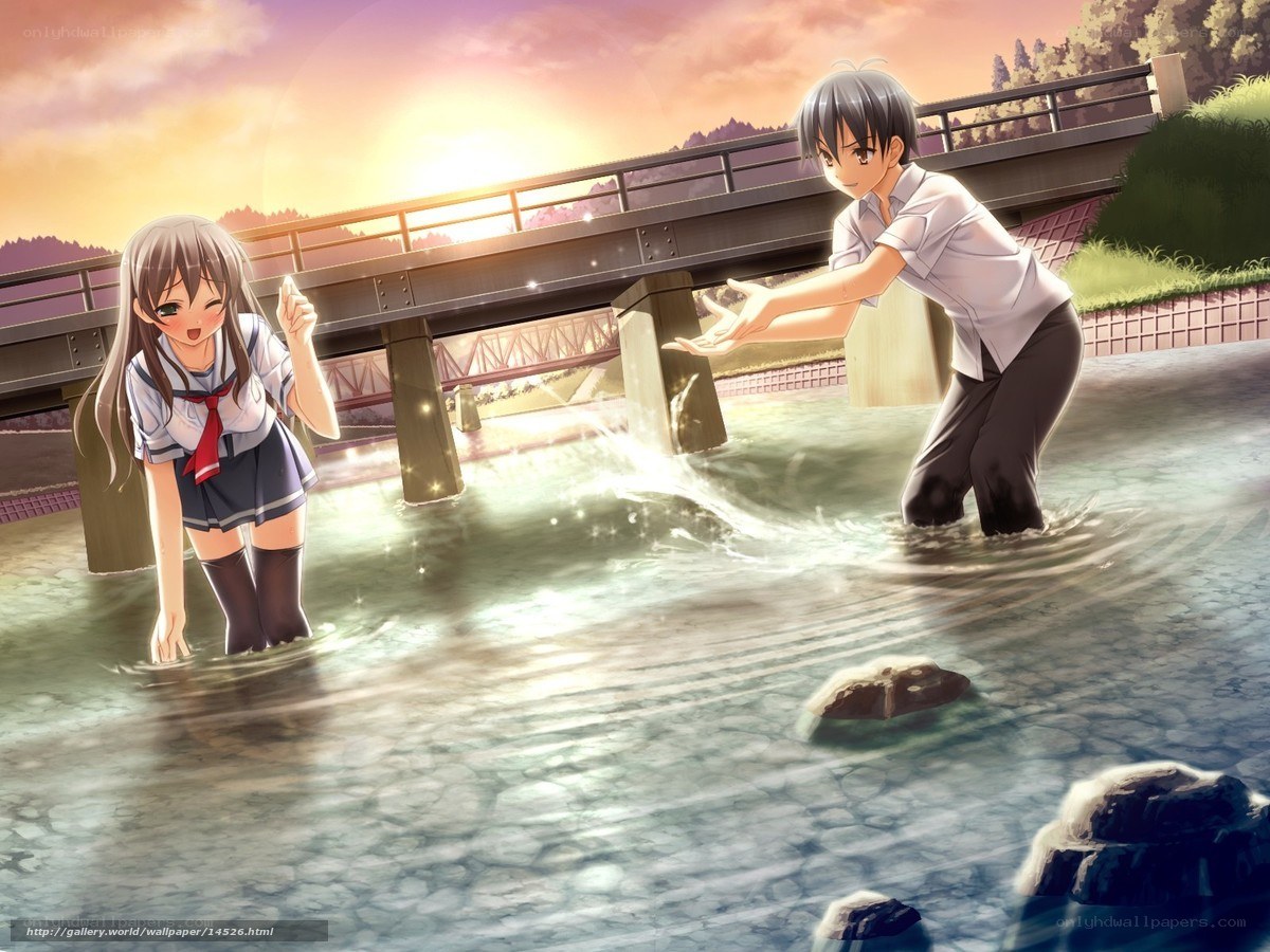 Anime couple in river at sunset