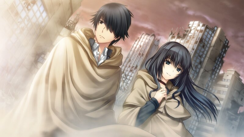 anime couple in ruined city