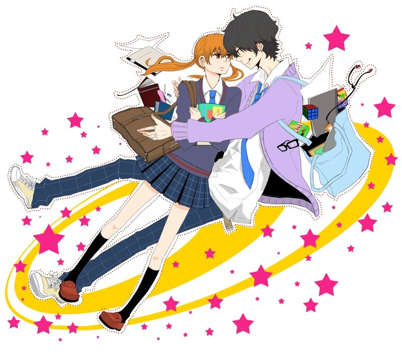 Anime Couple in School Uniforms — Yellow, Playful