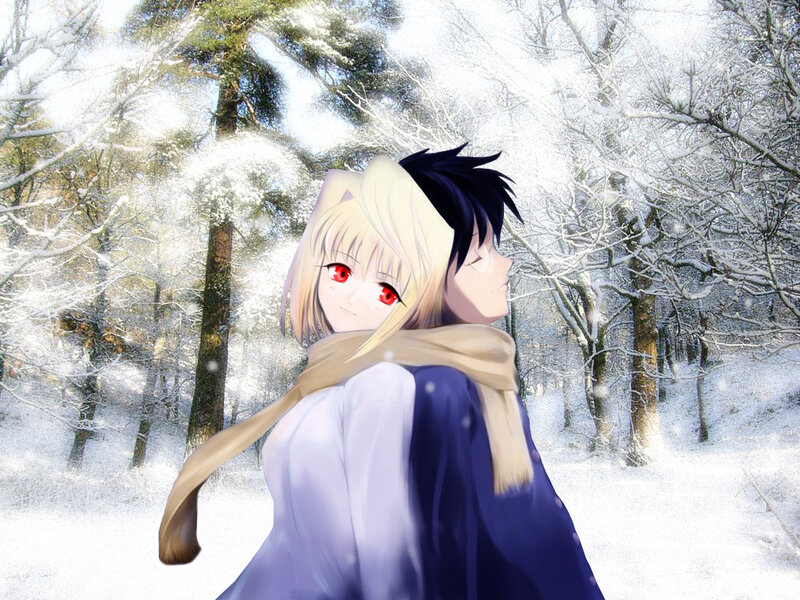 Anime Couple in Snow — White, Serene, Winter, Digital Art, Trees, Scarf