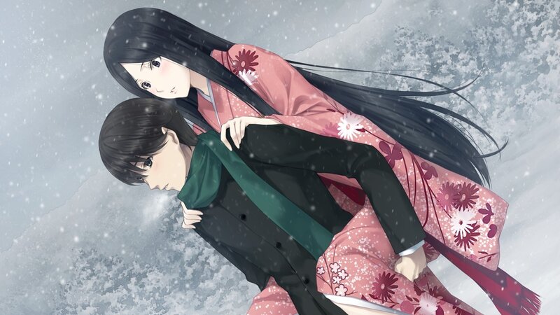 Anime couple in snowstorm