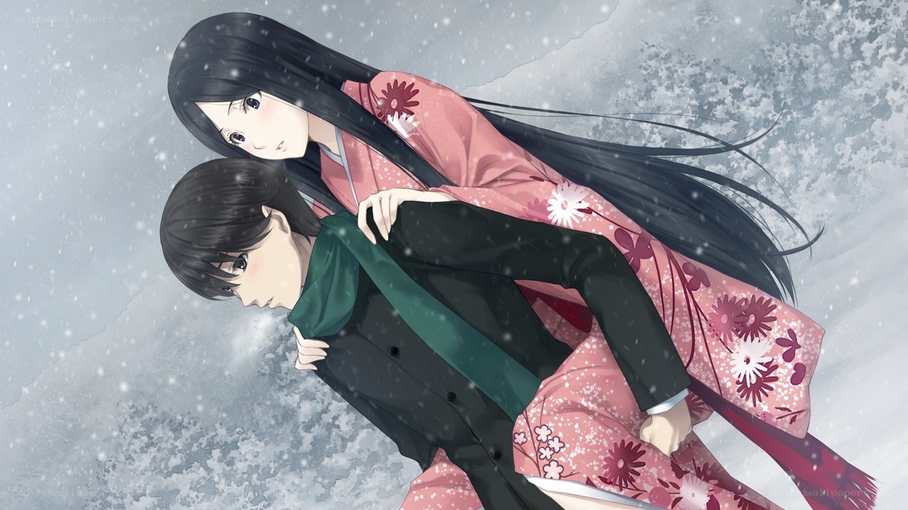 Anime couple in snowstorm