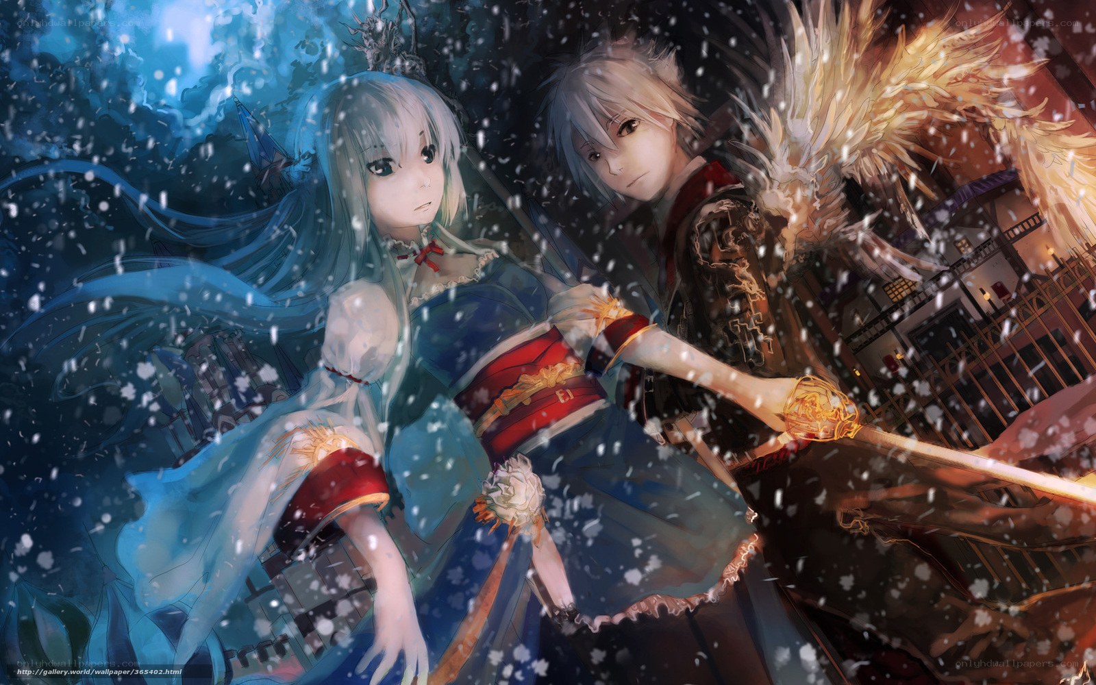 Anime couple in snowy battle